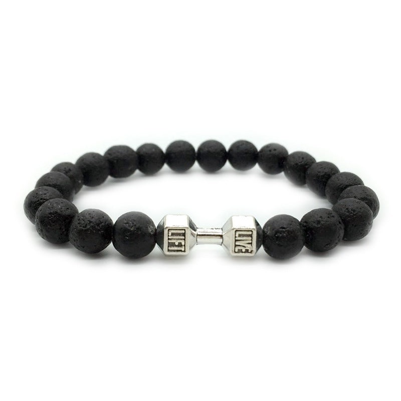 Men's Jewelry Alloy Metal Barbell & Lava Rock Stone Beads Fitness Fashion Dumbbell Bracelet