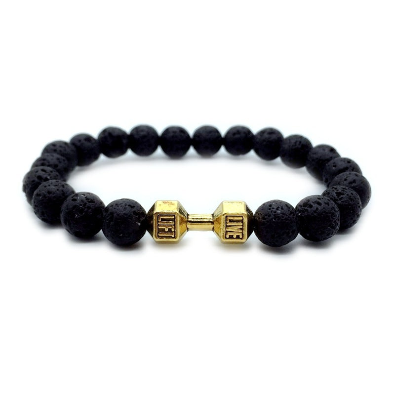 Men's Jewelry Alloy Metal Barbell & Lava Rock Stone Beads Fitness Fashion Dumbbell Bracelet