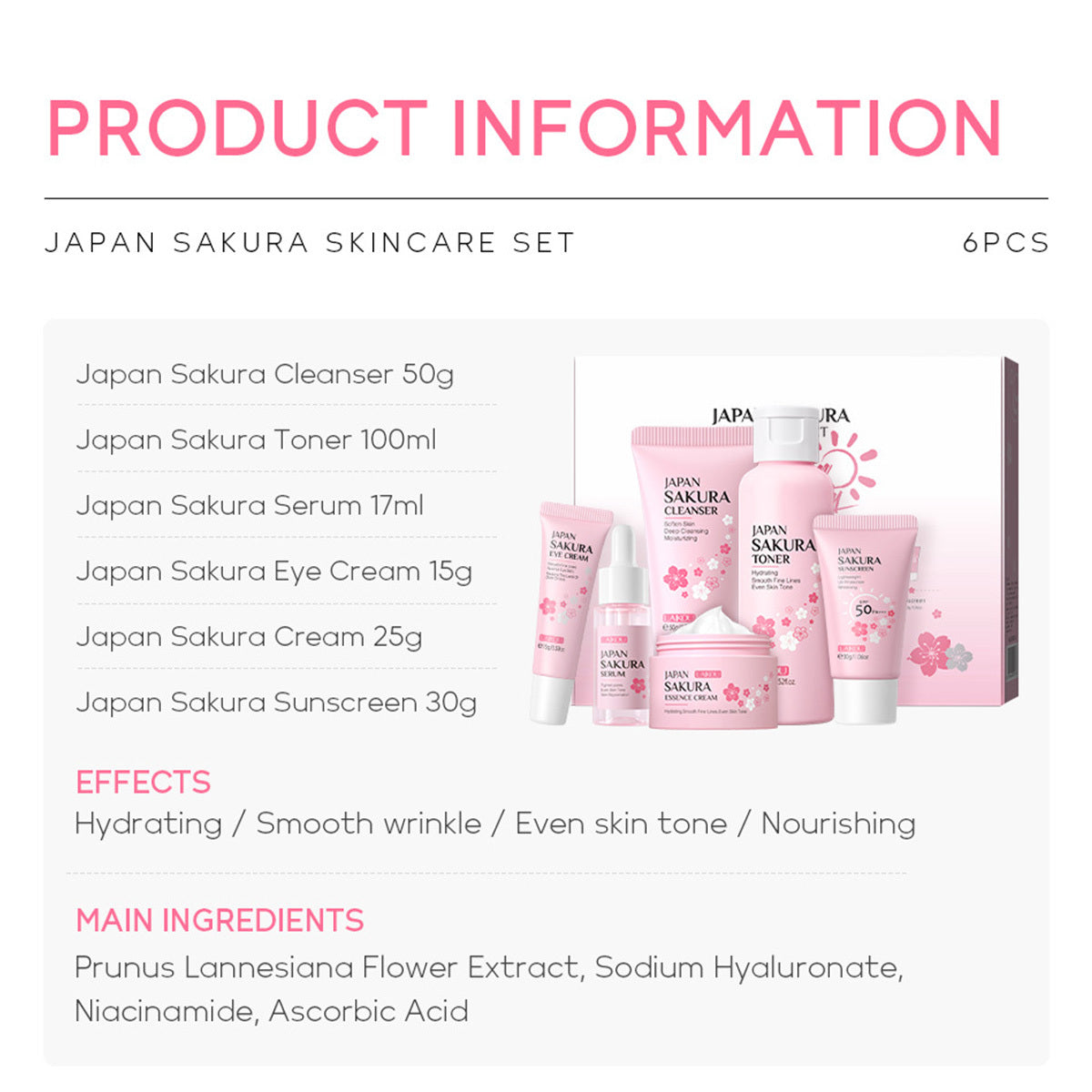 Skin Care Set JAPAN SAKURA Women Beauty Gift Sets Skin Care Kit With Cleanser, Toner, Lotion, Serum, Eye Cream, Face Cream Travel Kit For Women Teen Girls Mom Daughter TSA-friendly Sizes 6pcs